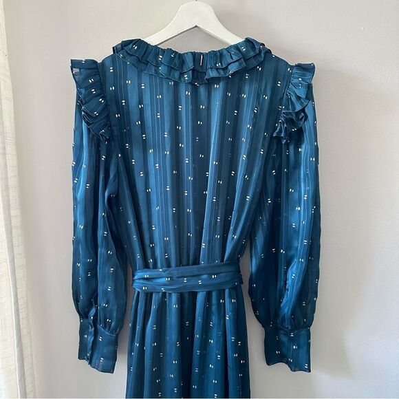 Misa Los Angeles Blue Ruffle Maxi Faux Wrap Long Sleeve V Neck Semi Sheer Dress - Picture 5 of 8